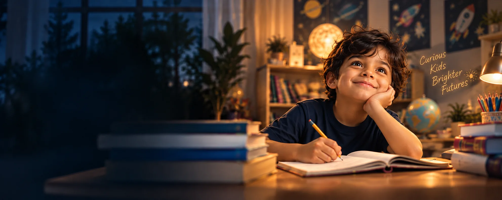 A curious boy smiling while studying at his desk